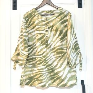 JM Collection Linen Tunic Roll Tab 3/4 Sleeve Tropical Stripe Green Womens 16